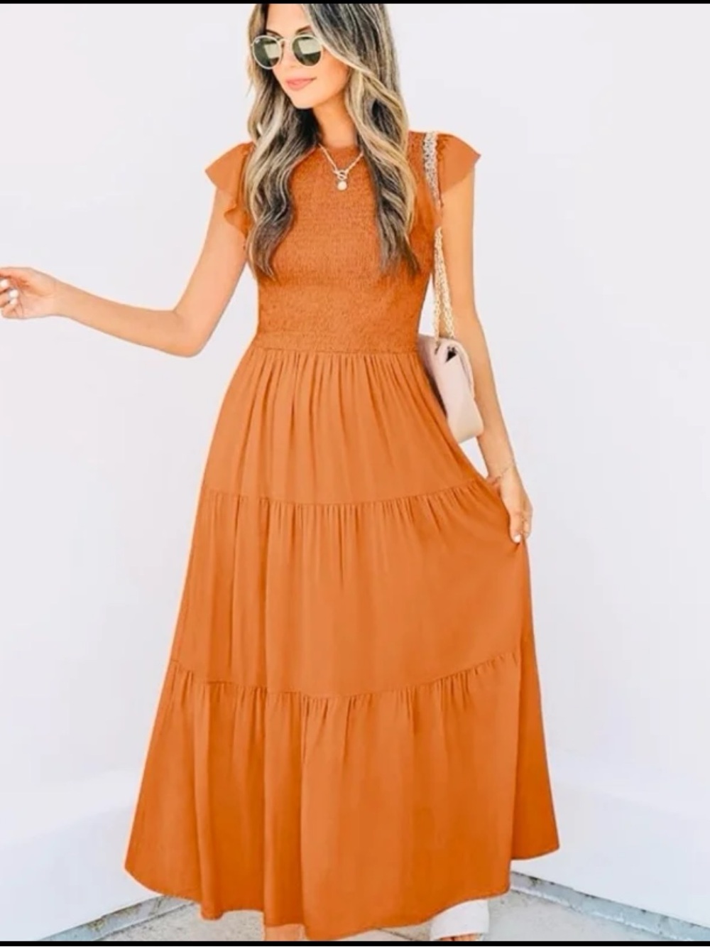 NWTCasual Flutter Short Sleeve Crew Neck Smocked Elastic Waist Tiered Midi Dress